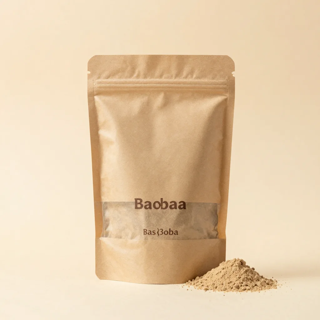 A pouch of baobab powder on a light background