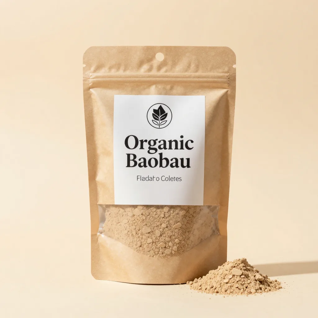 A pouch of organic baobab powder on a light background