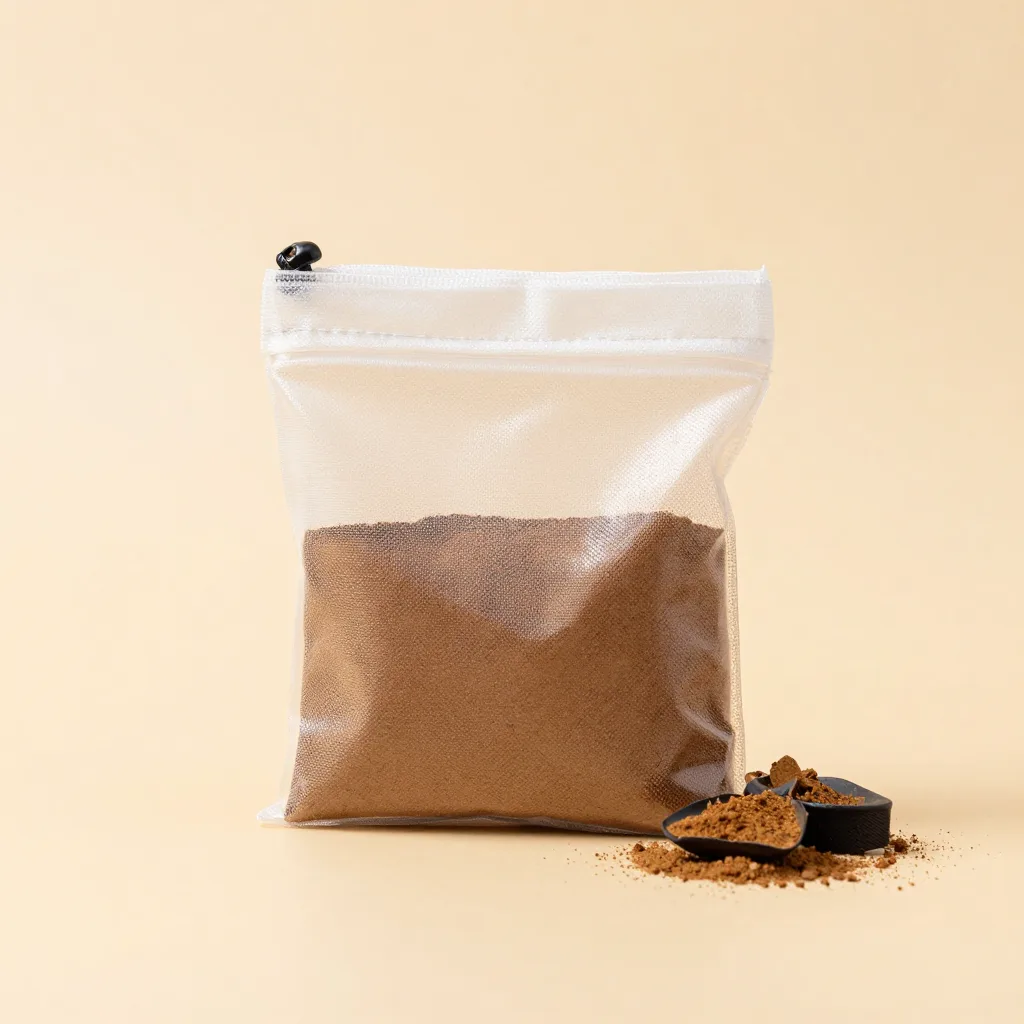 A small travel pouch of baobab powder on a light background