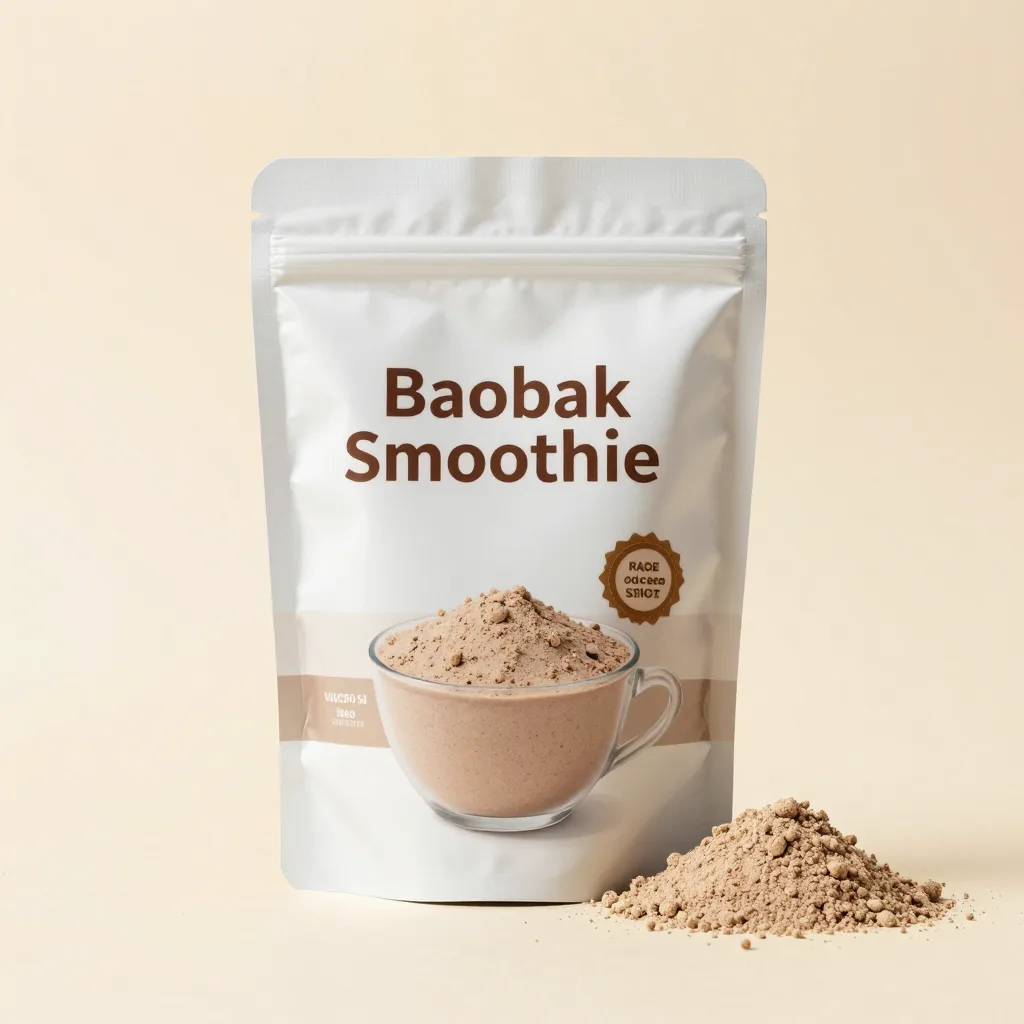 A pouch of baobab smoothie powder on a light background