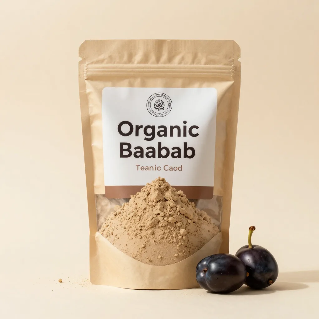A bulk pouch of organic baobab powder on a light background
